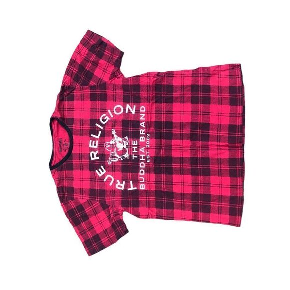 TRUE Religion T Shirt Plaid BIG LOGO RED Large - Picture 3 of 6